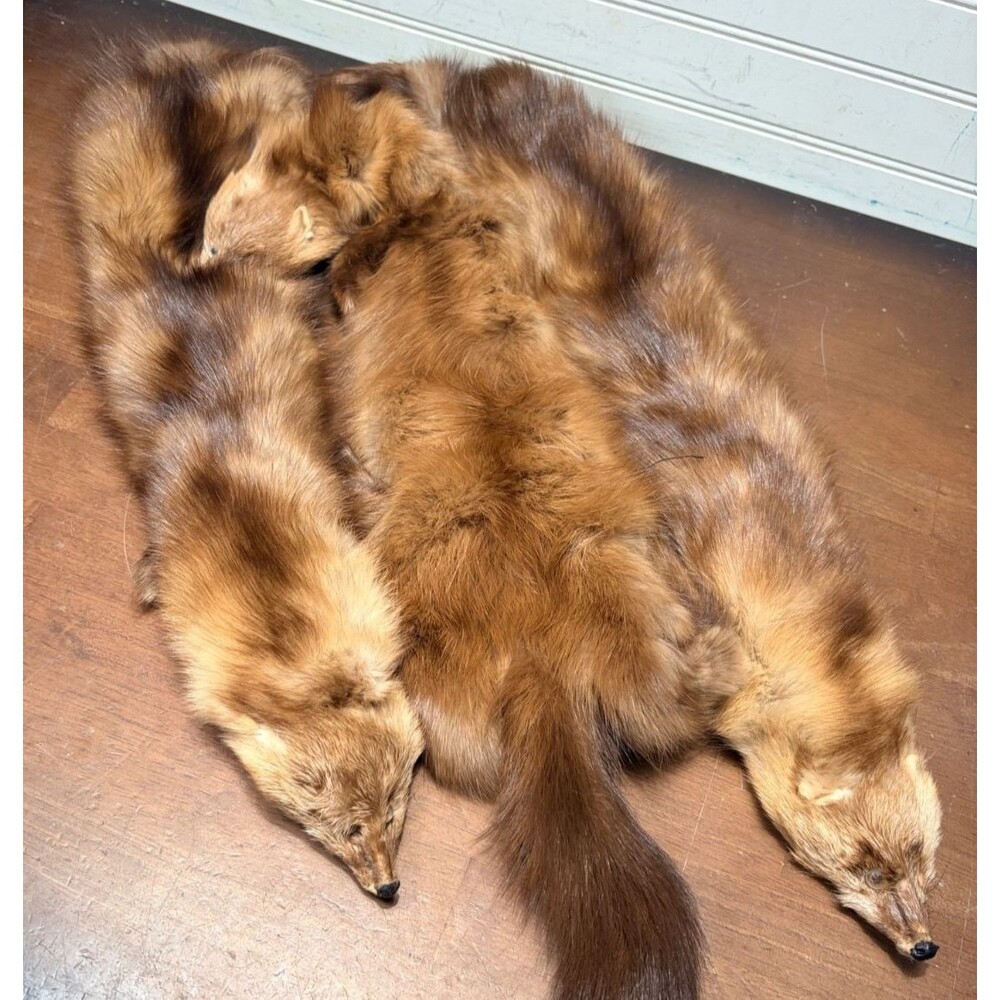 Vintage Mink Fur Stole Wrap 3 Full Body Heads Tails Brown Real Fur Scarf